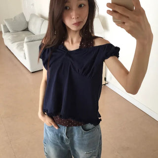 Off-shoulder Shirred Blouse Navy Short-sleeve Shirt Top Wedding Guest Look Vacation Look
