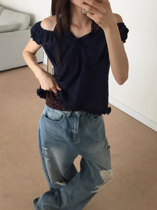 Off-shoulder Shirred Blouse Navy Short-sleeve Shirt Top Wedding Guest Look Vacation Look