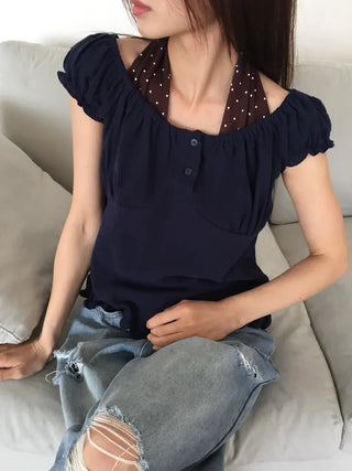Off-shoulder Shirred Blouse Navy Short-sleeve Shirt Top Wedding Guest Look Vacation Look