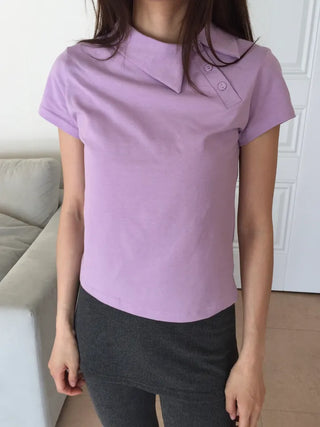 Side Button Collared Short Sleeve T-shirt Pastel Short Sleeve Top Summer Clothes High Teen Look