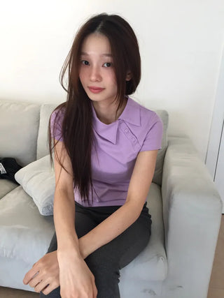 Side Button Collared Short Sleeve T-shirt Pastel Short Sleeve Top Summer Clothes High Teen Look