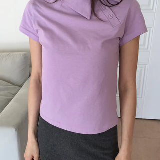 Side Button Collared Short Sleeve T-shirt Pastel Short Sleeve Top Summer Clothes High Teen Look