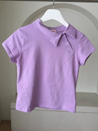 Side Button Collared Short Sleeve T-shirt Pastel Short Sleeve Top Summer Clothes High Teen Look