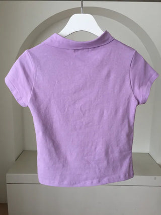 Side Button Collared Short Sleeve T-shirt Pastel Short Sleeve Top Summer Clothes High Teen Look