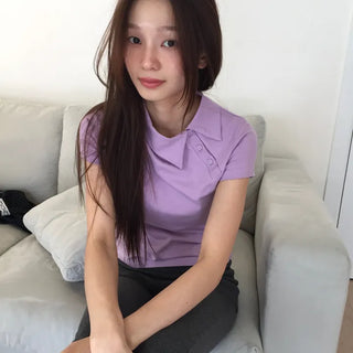 Side Button Collared Short Sleeve T-shirt Pastel Short Sleeve Top Summer Clothes High Teen Look