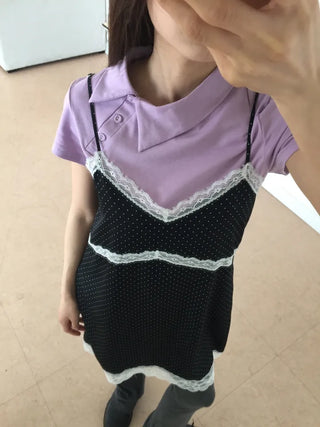 Side Button Collared Short Sleeve T-shirt Pastel Short Sleeve Top Summer Clothes High Teen Look