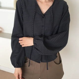 Gingham Check Tie Blouse Shirt Long Sleeve Loose Fit Top for Autumn Transitional Season