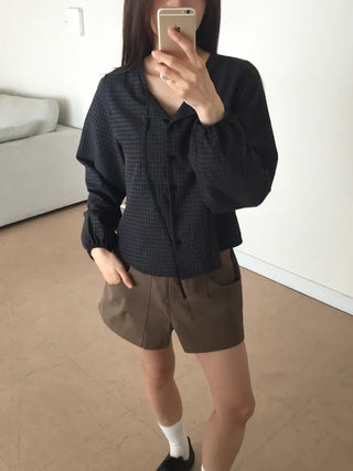 Gingham Check Tie Blouse Shirt Long Sleeve Loose Fit Top for Autumn Transitional Season