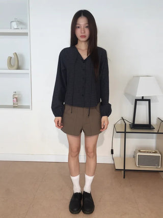 Gingham Check Tie Blouse Shirt Long Sleeve Loose Fit Top for Autumn Transitional Season