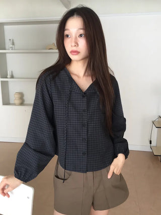 Gingham Check Tie Blouse Shirt Long Sleeve Loose Fit Top for Autumn Transitional Season