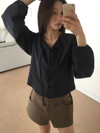 Gingham Check Tie Blouse Shirt Long Sleeve Loose Fit Top for Autumn Transitional Season