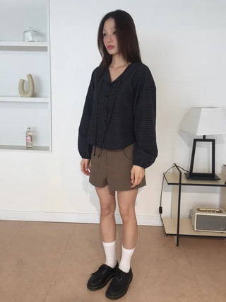 Gingham Check Tie Blouse Shirt Long Sleeve Loose Fit Top for Autumn Transitional Season