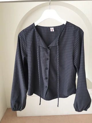Gingham Check Tie Blouse Shirt Long Sleeve Loose Fit Top for Autumn Transitional Season