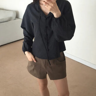 Gingham Check Tie Blouse Shirt Long Sleeve Loose Fit Top for Autumn Transitional Season