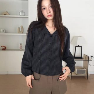 Gingham Check Tie Blouse Shirt Long Sleeve Loose Fit Top for Autumn Transitional Season