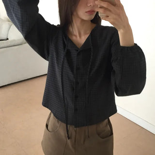 Gingham Check Tie Blouse Shirt Long Sleeve Loose Fit Top for Autumn Transitional Season