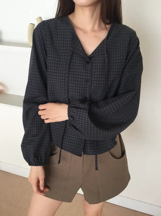 Gingham Check Tie Blouse Shirt Long Sleeve Loose Fit Top for Autumn Transitional Season