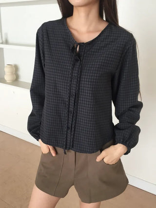 Gingham Check Tie Blouse Shirt Long Sleeve Loose Fit Top for Autumn Transitional Season