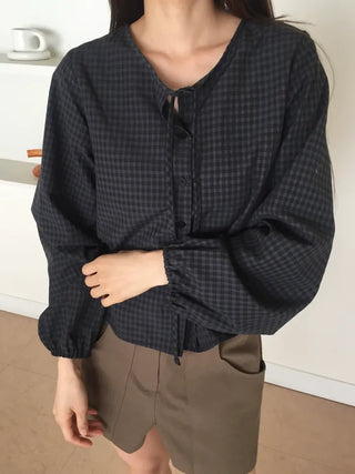 Gingham Check Tie Blouse Shirt Long Sleeve Loose Fit Top for Autumn Transitional Season