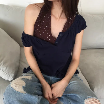 Polka Dot Halterneck Sleeveless Top Summer Clothes Vacation Look Point