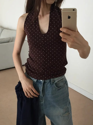 Polka Dot Halterneck Sleeveless Top Summer Clothes Vacation Look Point