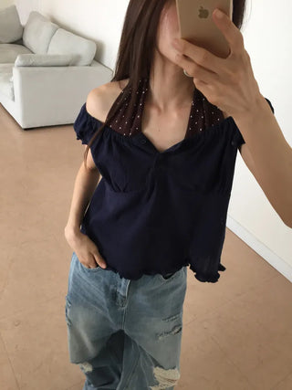 Polka Dot Halterneck Sleeveless Top Summer Clothes Vacation Look Point