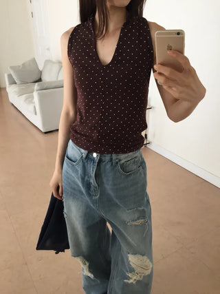 Polka Dot Halterneck Sleeveless Top Summer Clothes Vacation Look Point