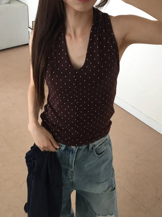 Polka Dot Halterneck Sleeveless Top Summer Clothes Vacation Look Point