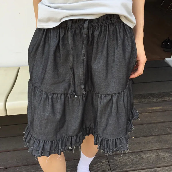 Frilled Tiered Mini Skirt with Elastic Waist Kitsch Vintage Look