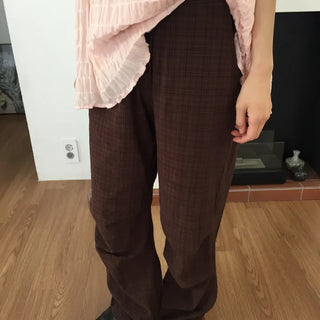Check Wide Pants Long Length Vintage One-mile Wear Effortless Chic