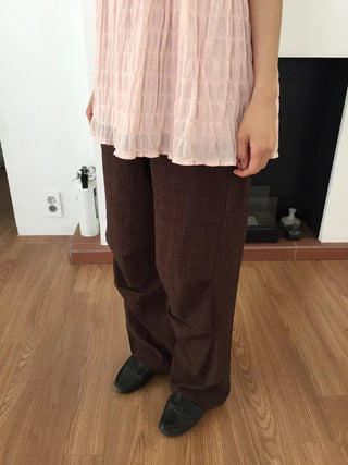 Check Wide Pants Long Length Vintage One-mile Wear Effortless Chic