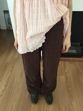 Check Wide Pants Long Length Vintage One-mile Wear Effortless Chic