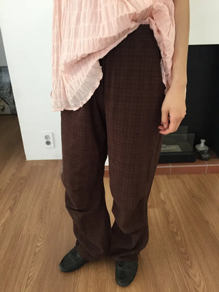 Check Wide Pants Long Length Vintage One-mile Wear Effortless Chic