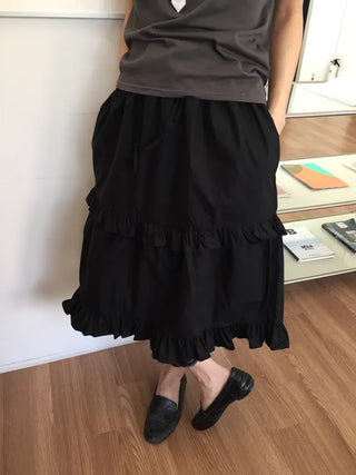 Frill Tiered Long Skirt A-Line Vintage Delicate Fit Vacation Look
