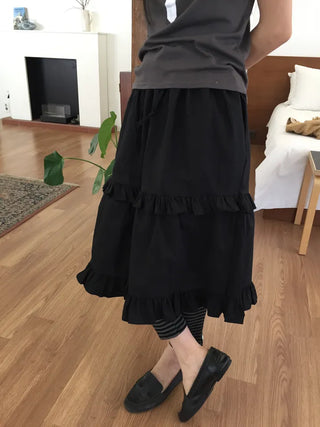 Frill Tiered Long Skirt A-Line Vintage Delicate Fit Vacation Look