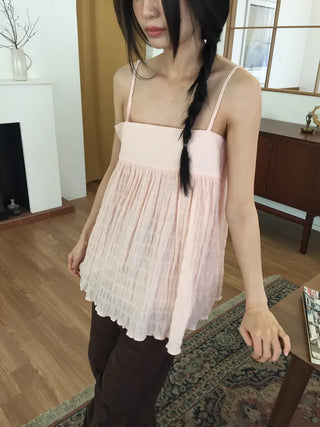 Shirred Strappy Sleeveless Blouse Loose Fit Lovely Vintage Look