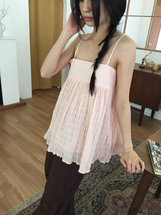 Shirred Strappy Sleeveless Blouse Loose Fit Lovely Vintage Look