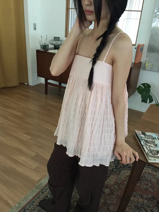 Shirred Strappy Sleeveless Blouse Loose Fit Lovely Vintage Look