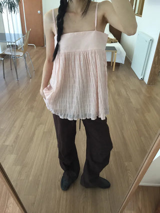 Shirred Strappy Sleeveless Blouse Loose Fit Lovely Vintage Look