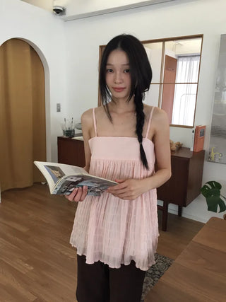 Shirred Strappy Sleeveless Blouse Loose Fit Lovely Vintage Look
