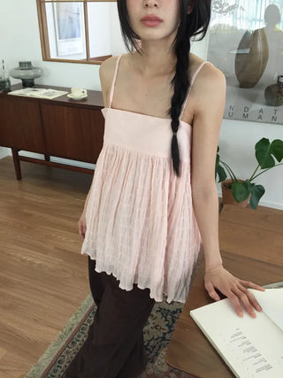 Shirred Strappy Sleeveless Blouse Loose Fit Lovely Vintage Look