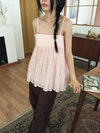Shirred Strappy Sleeveless Blouse Loose Fit Lovely Vintage Look