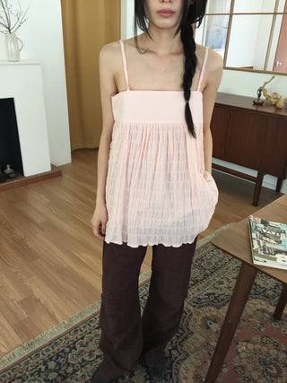 Shirred Strappy Sleeveless Blouse Loose Fit Lovely Vintage Look