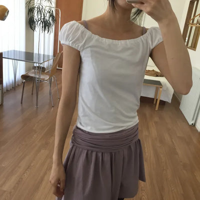 Off-shoulder Shirred T-shirt Slim Fit Feminine Delicate Fit Vacation Look