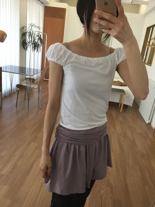 Off-shoulder Shirred T-shirt Slim Fit Feminine Delicate Fit Vacation Look