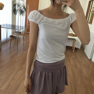 Off-shoulder Shirred T-shirt Slim Fit Feminine Delicate Fit Vacation Look