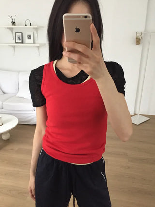Ribbed Slim Sleeveless Top Basic Fit Vivid Point Look Layered Y2K
