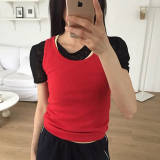 Ribbed Slim Sleeveless Top Basic Fit Vivid Point Look Layered Y2K
