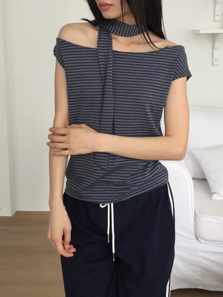 Striped Scarf Set Long Sleeve T-shirt Slim Fit Semi-Crop Unique Nerd Look • •
