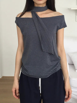 Striped Scarf Set Long Sleeve T-shirt Slim Fit Semi-Crop Unique Nerd Look • •